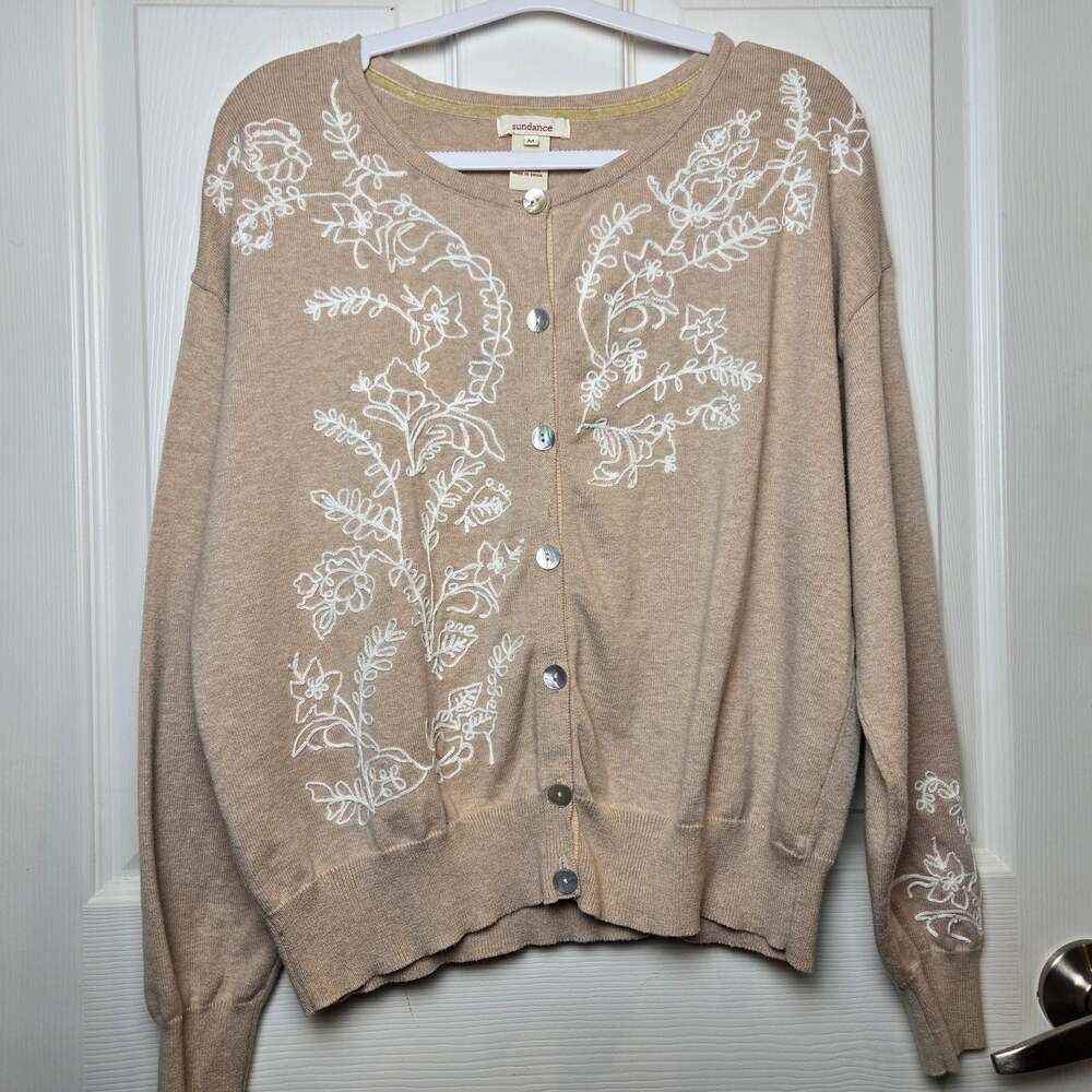 Sundance Womens SZ M Tan White Floral Embroidered Cardigan Sweater Pearl Buttons